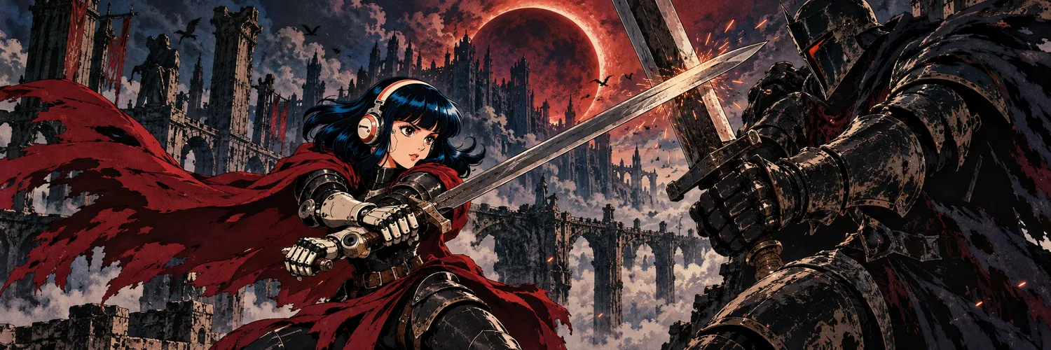 Tetsu in a red cloak crosses swords with a giant black knight under a red eclipse