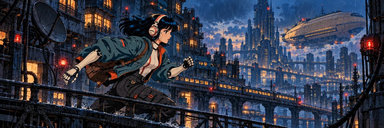 Tetsu runs along a rail bridge through a night city in the rain, an airship overhead