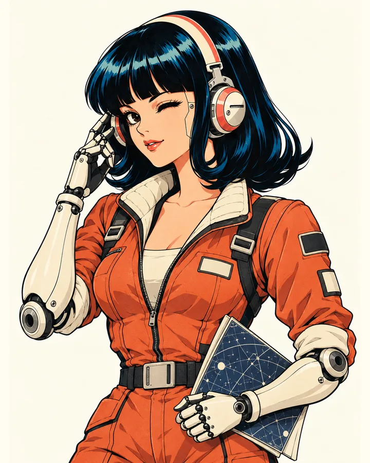 Tetsu as the pilot, in an orange flight suit with a star chart