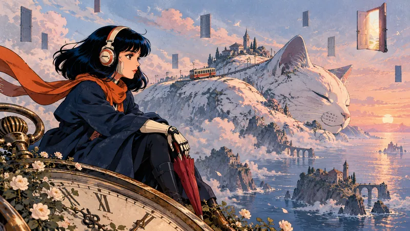 Tetsu sits on a giant clock above a white cat the size of an island, at sunset