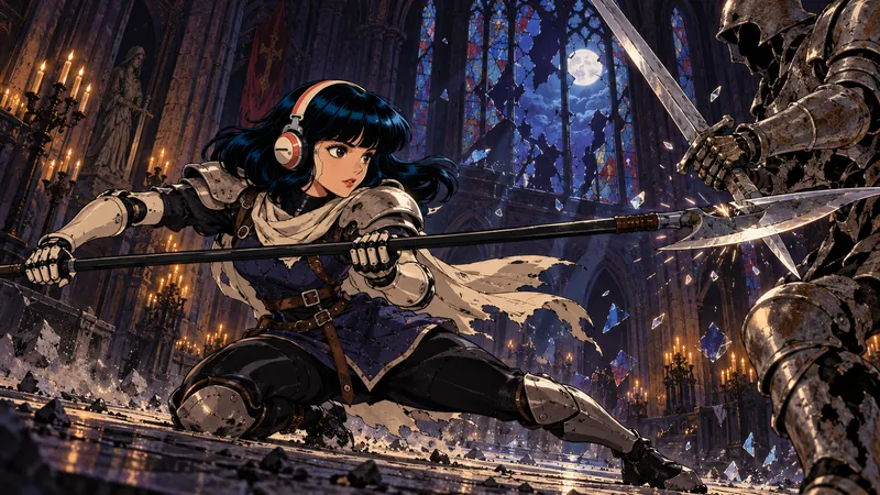 Tetsu in armor fights a knight with a spear inside a moonlit cathedral