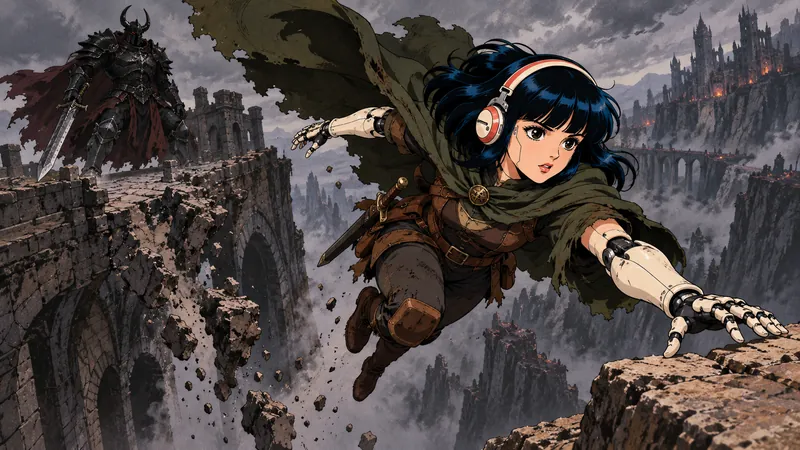 Tetsu leaps across a crumbling stone bridge in a grey valley