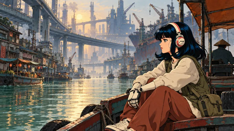 Tetsu rests on a boat in a busy harbor under a steel bridge