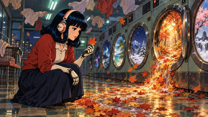 Tetsu kneels in a laundromat where autumn leaves pour out of a washing machine