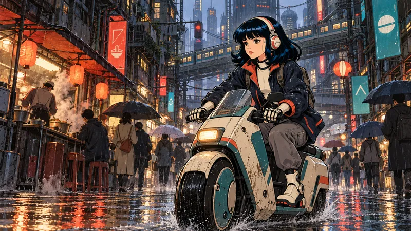 Tetsu rides a scooter through a rainy night market