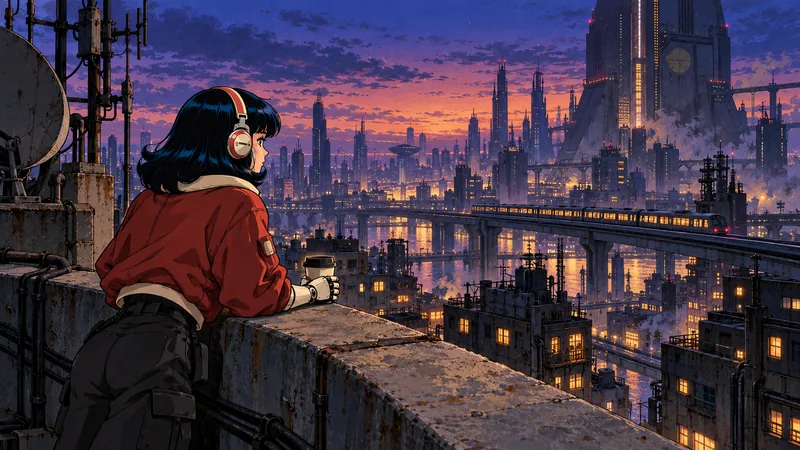 Tetsu leans on a rooftop wall above a city of towers at dusk