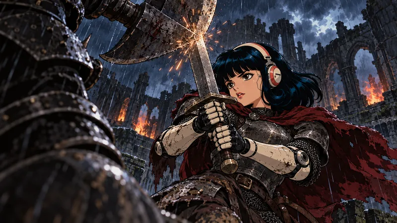 Tetsu blocks a giant's axe with her sword among burning ruins