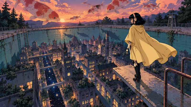 Tetsu in a yellow coat stands on the edge of a pool that holds a whole city at sunset
